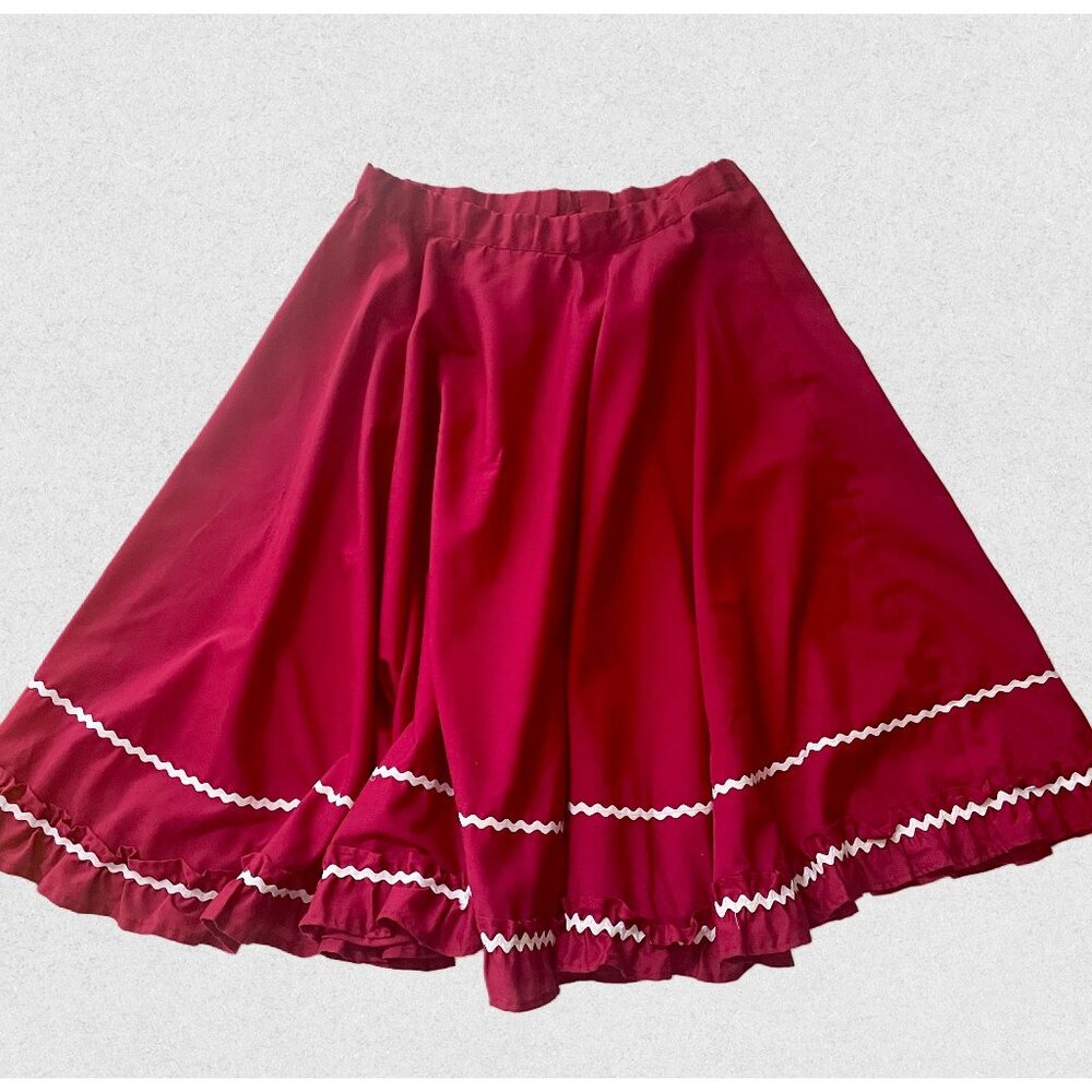 Vintage Maroon Square Dancing Skirt - Ruffle Trim, Size M